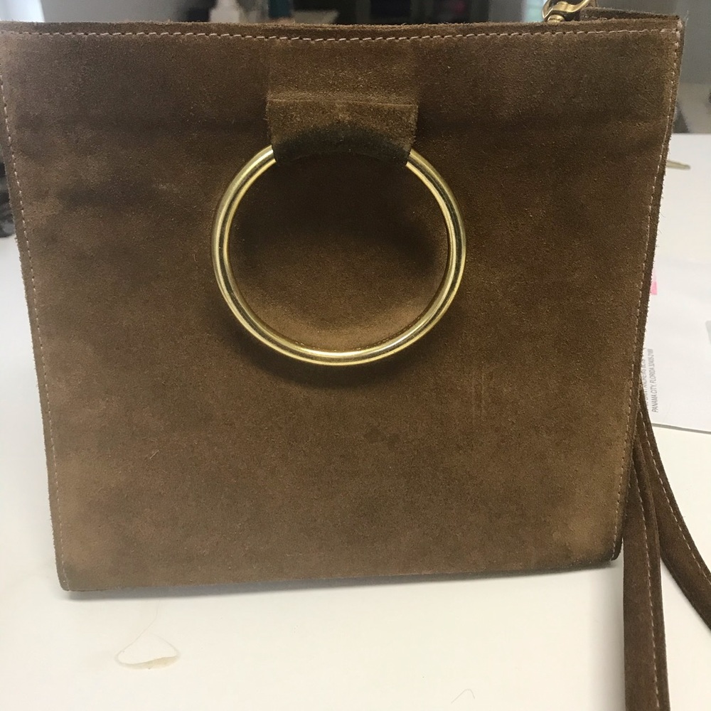 CERI HOOVER Brown Suede Handbag with Gold Ring Accent